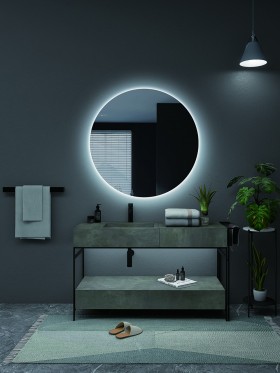Interruptor táctil Anti-vaho DELM Espejo Redondo Negro Embellecer LED Iluminado Espejo de Pared del baño 